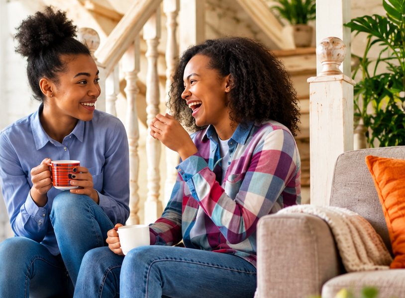 Two housemates sharing coffee in a comfortable living room